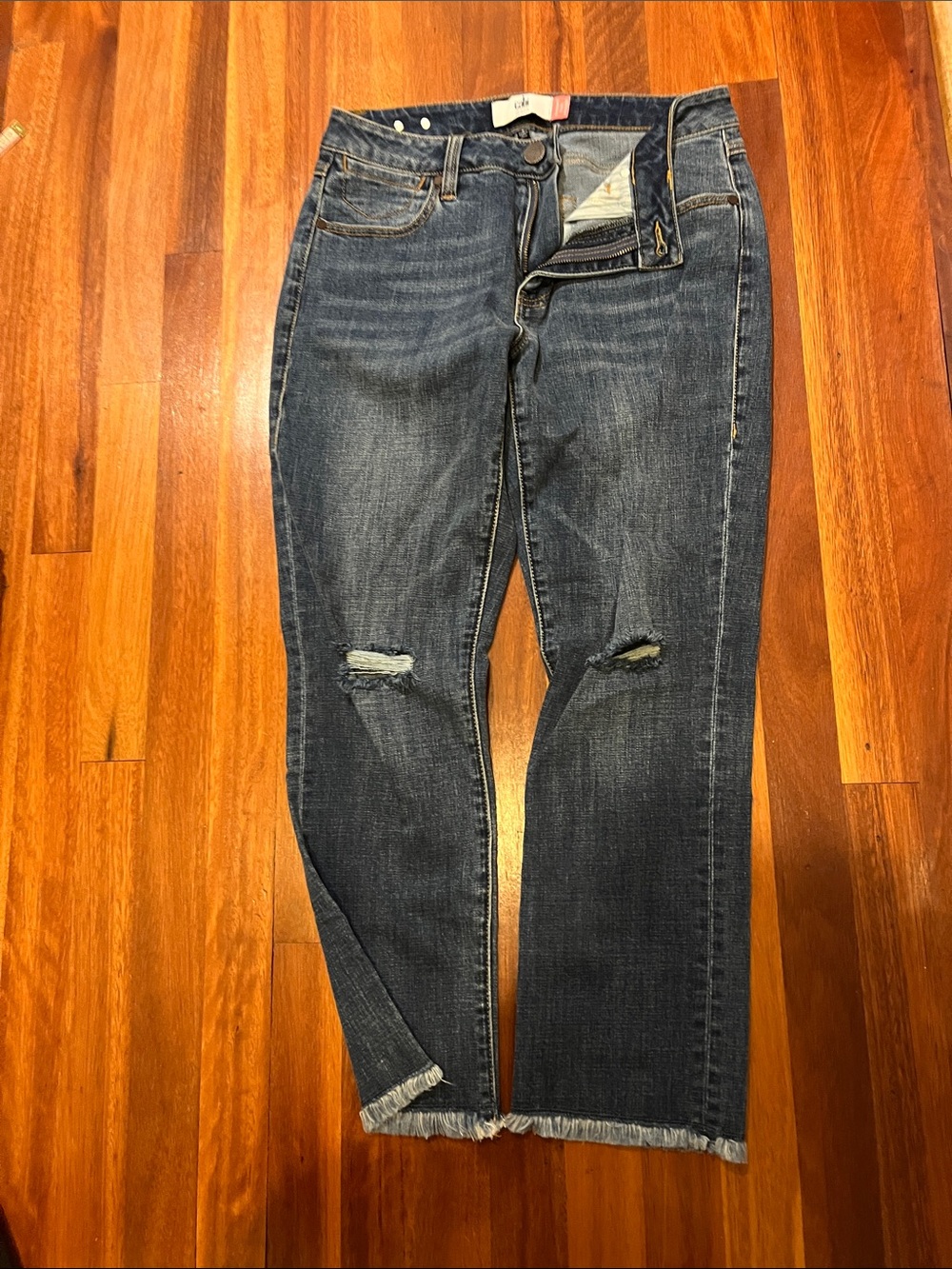 CAbi Mid-Blue Straight-Leg Jeans with Knee Distress